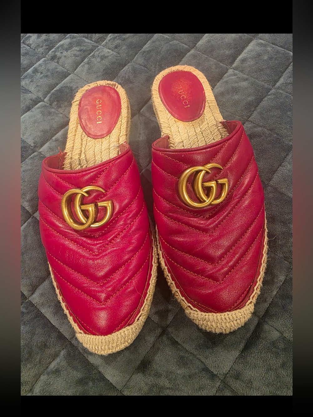 Gucci Red Quilted Leather GG Espadrille Mules with Gold Hardware